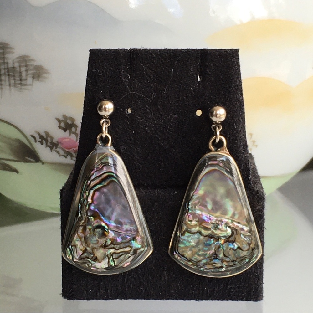Vintage Alpaca Mexico Abalone Shell Dangle Drop Earrings 1 3/8” Length